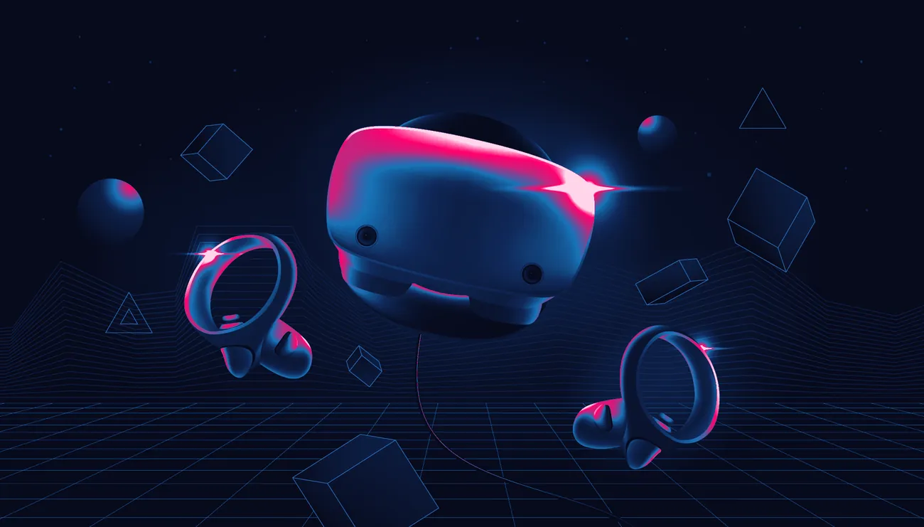 Stylized illustration of a VR headset and controllers floating over a neon grid
