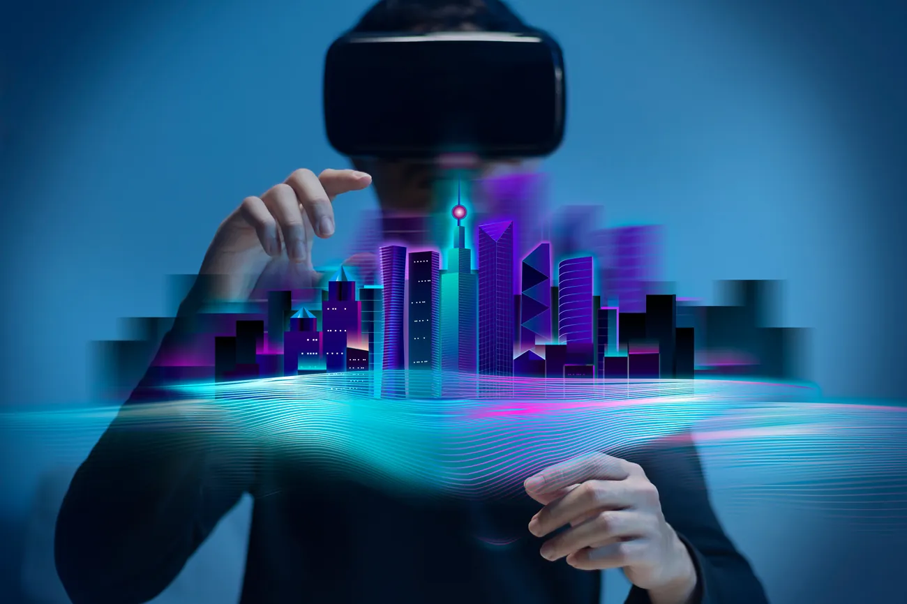 Person wearing a VR headset interacting with a holographic neon city skyline