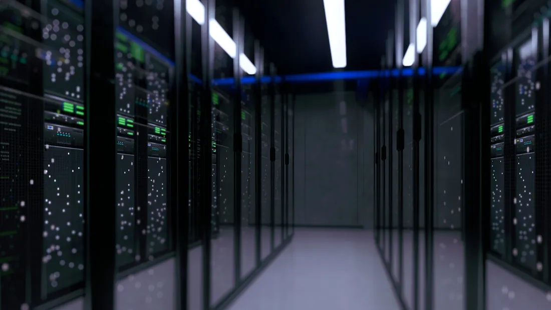 Aisle of storage racks in a modern data center